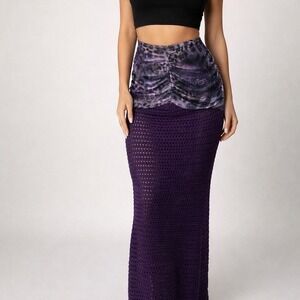OUTCAST Purple Crochet Mesh Ruched Maxi Skirt Bodycon Spring Break Vacation S/M
